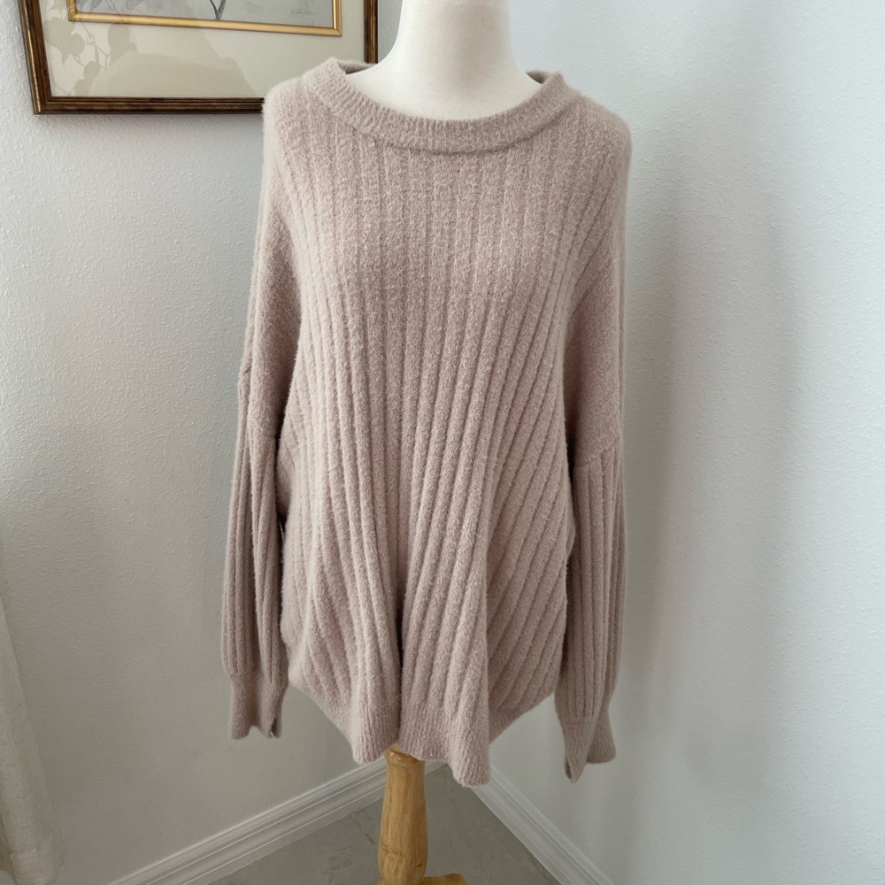 aerie Cream Cowl Neck Sweater with Relaxed Fit and Ribbed Texture